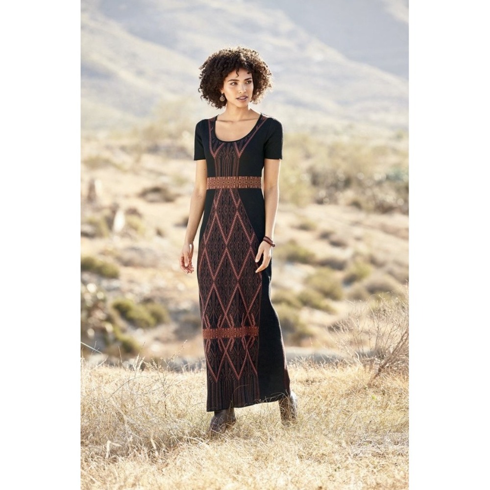 New Peruvian Connection Champasak Maxi Dress Medium Brown Geometric Knit Boho
